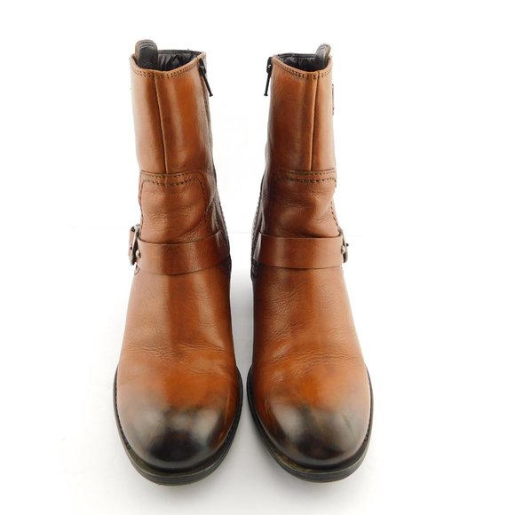 CLARKS Cognac Brown Leather Block Heel Buckled Ankle Boots 9 - Picture 2 of 7